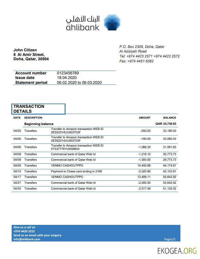 Modèle de relevé bancaire de justificatif de domicile Qatar Ahlibank au format Word et PDF, au format .doc et .pdf